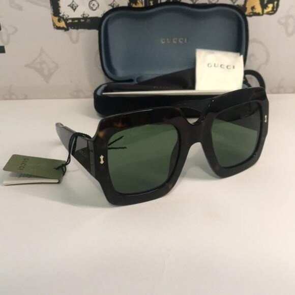 New Authentic Gucci GG1111S 002 Havana Square Sunglasses Green Lenses - Picture 6 of 13